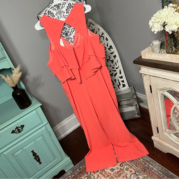 Trina Turk Cold Shoulder Ruffle Trouser Josephine Coral Jumpsuit Size 12 NWT - Picture 8 of 16